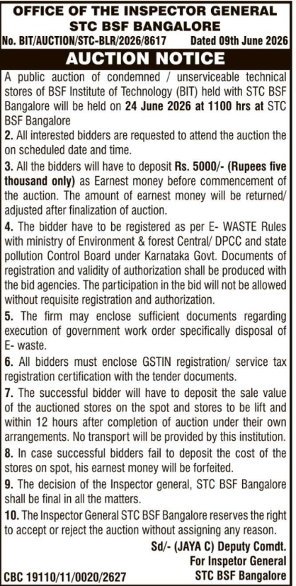 Auction Notice: Condemned Technical Stores STC BSF Bangalore