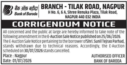 Auction Notice: Corrigendum for Property Sale Cancellation by Bank of Baroda