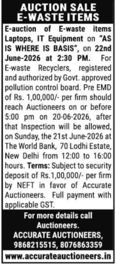 Auction Notice: E-Waste Sale Accurate Auctioneers New Delhi