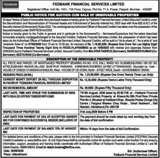 Auction Notice: Fedbank Financial Services Immovable Property Sale