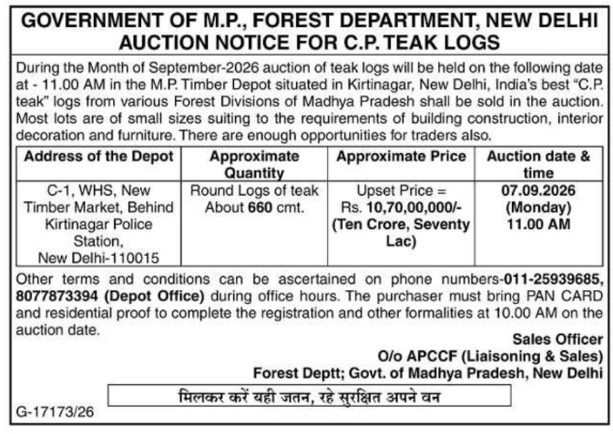 Auction Notice for C.P. Teak Logs by M.P. Forest Department