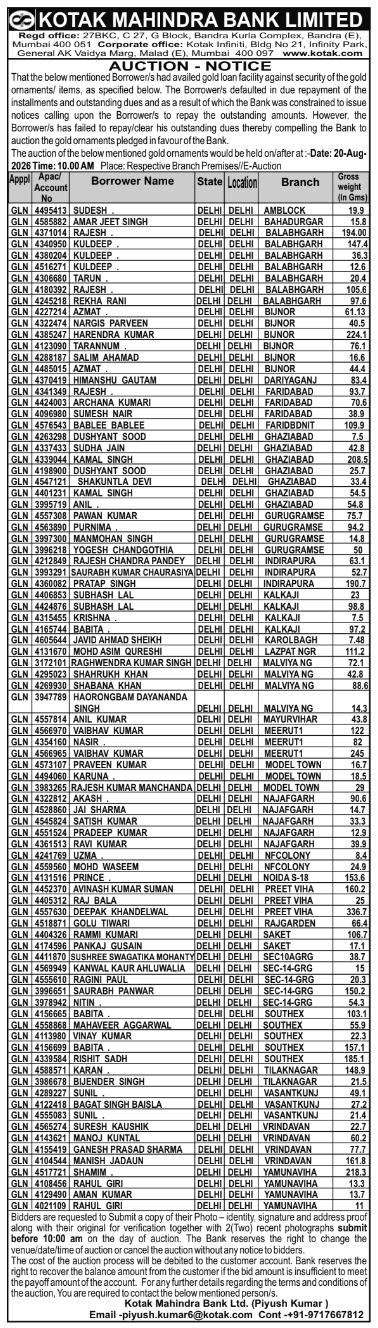 Auction Notice for Gold Ornaments by Kotak Mahindra Bank Delhi NCR