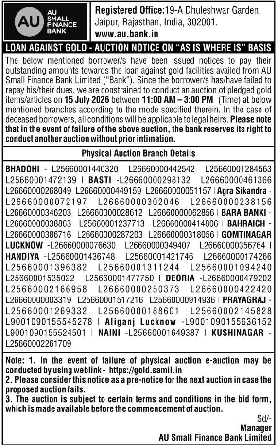Auction Notice: Gold Loan Ornaments Sale by AU Small Finance Bank
