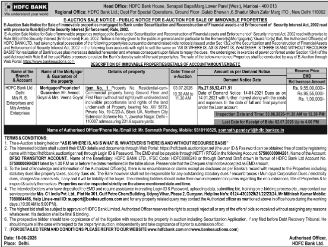 Auction Notice: HDFC Bank Immovable Property E-Auction