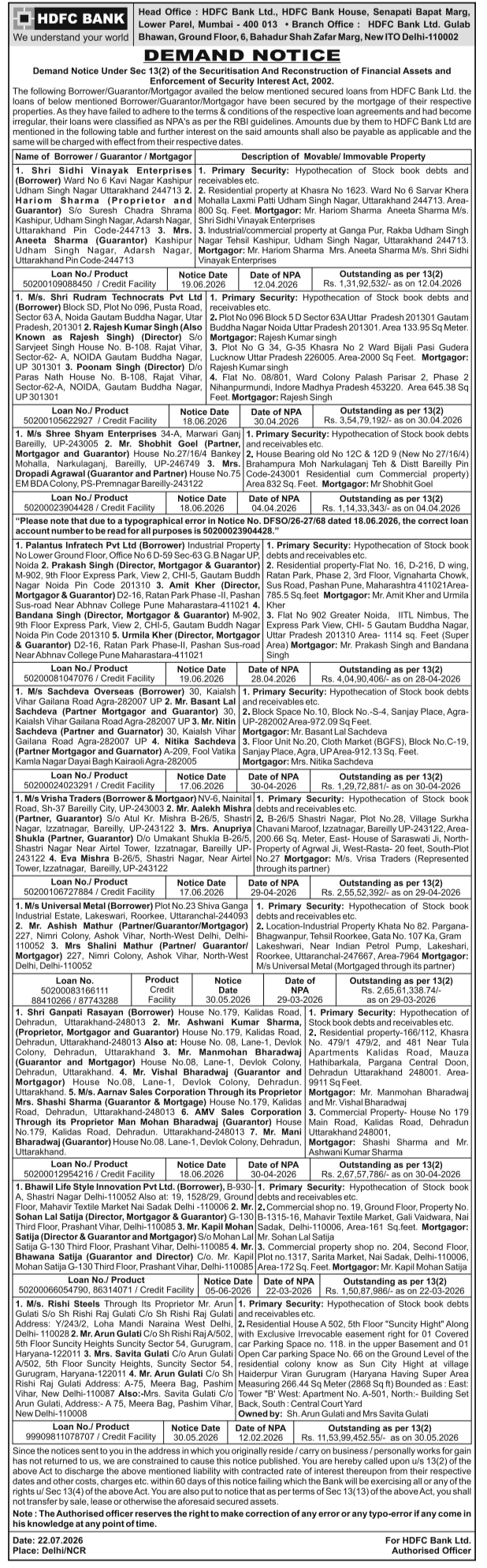 Auction Notice: HDFC Bank Property Disposal