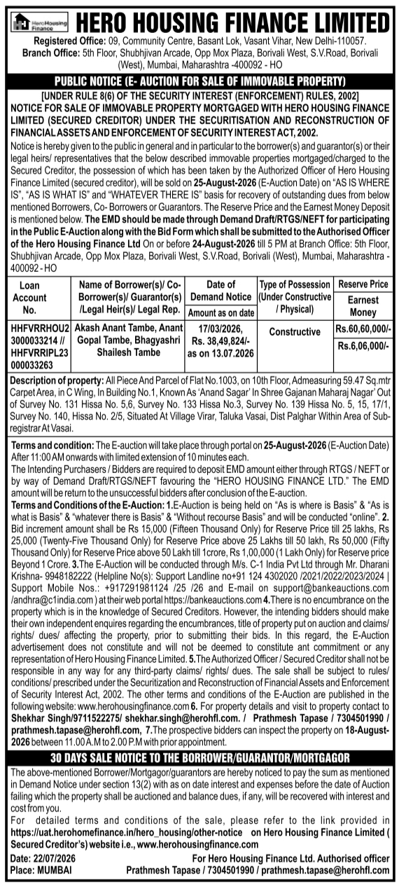 Auction Notice: Hero Housing Finance Property Sale