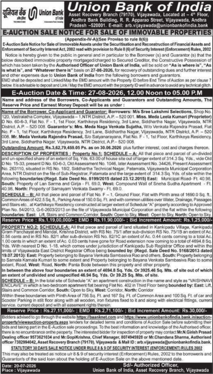 Auction Notice: Immovable Property Assets Recovery
