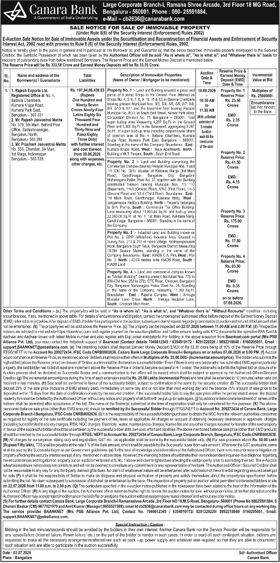 Auction Notice: Immovable Property Sale by Canara Bank