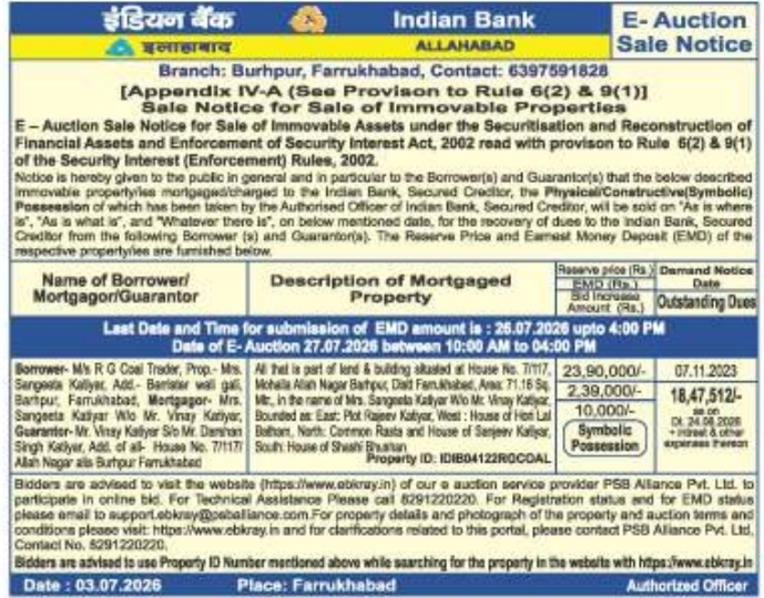 Auction Notice: Indian Bank Property Auction