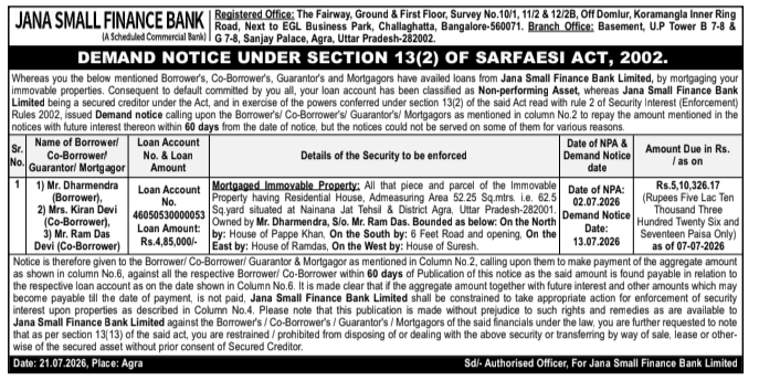 Auction Notice: Jana Small Finance Bank Property Disposal