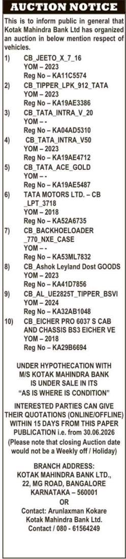 Auction Notice: Kotak Mahindra Bank Vehicle Sale