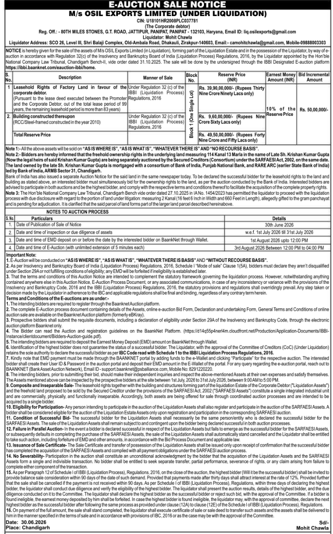 Auction Notice: OSIL Exports Limited Factory Assets E-Auction Sale