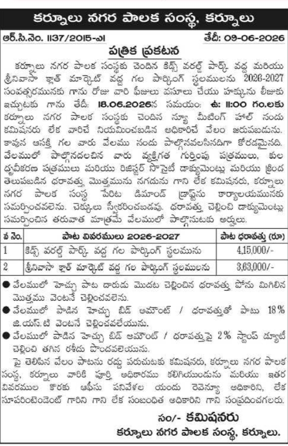 Auction Notice: Parking Site Lease Rights by Kurnool Municipal Corporation