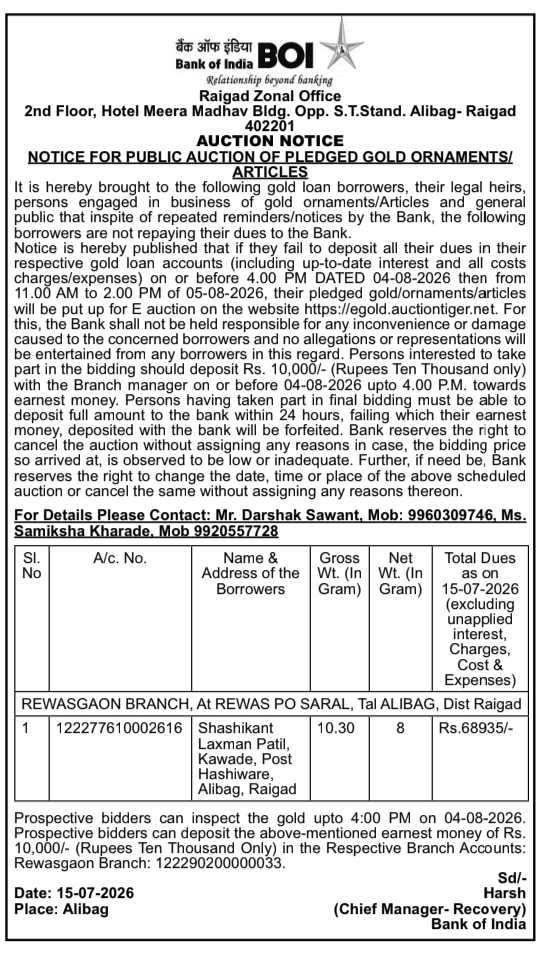 Auction Notice: Pledged Gold Ornaments Sale Work Bank of India, Raigad