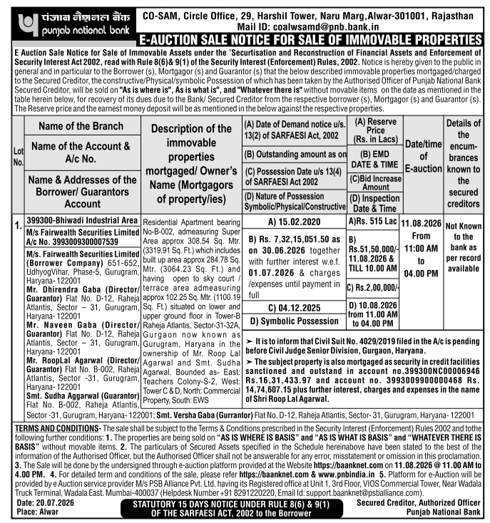 Auction Notice: PNB Immovable Property Sale