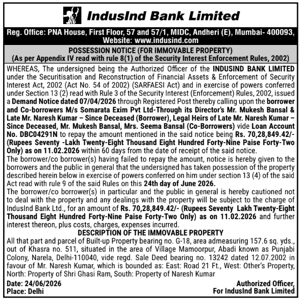 Auction Notice: Possession Notice of Immovable Property by IndusInd Bank