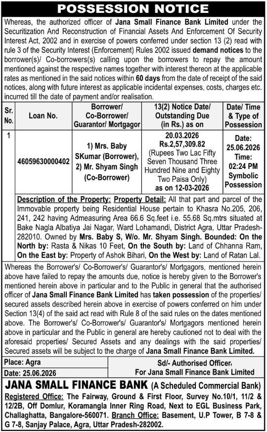 Auction Notice: Possession Notice of Immovable Property by Jana Small Finance Bank
