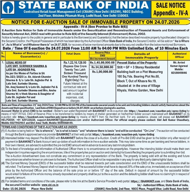 Auction Notice: Property E-Auction by State Bank of India New Delhi