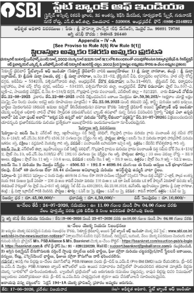 Auction Notice: Property E-Auction by State Bank of India Vijayawada