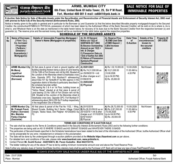 Auction Notice: Punjab National Bank Immovable Properties Sale