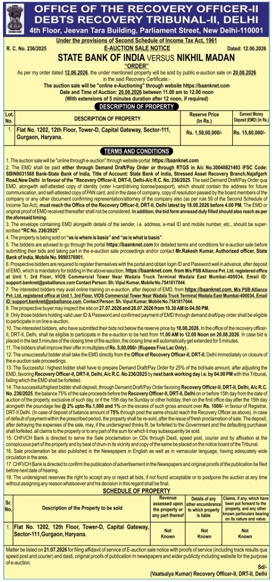 Auction Notice: Sale of Immovable Property by Debts Recovery Tribunal-II, Delhi