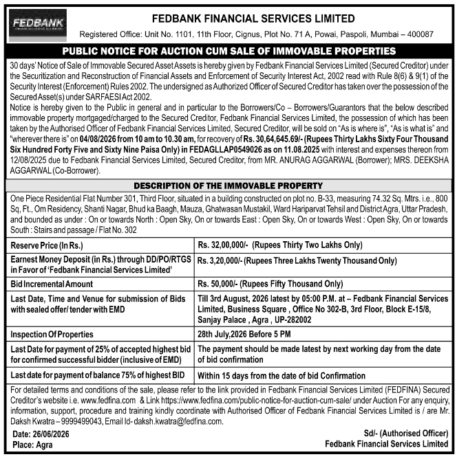 Auction Notice: Sale of Immovable Property by Fedbank Financial Services Limited