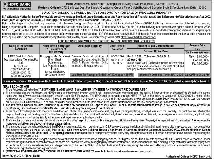Auction Notice: Sale of Immovable Property by HDFC Bank