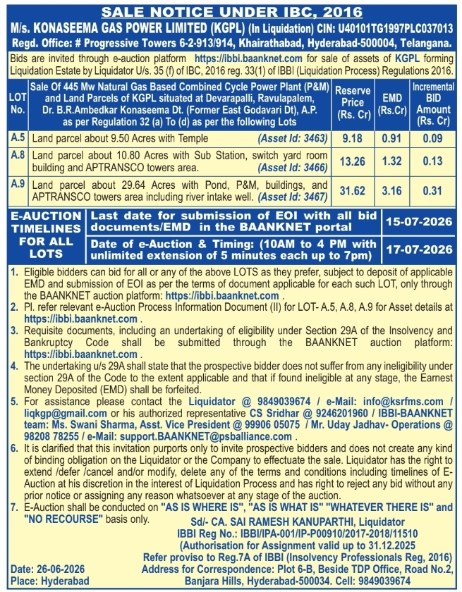 Auction Notice: Sale of Power Plant Assets by Konaseema Gas Power Limited