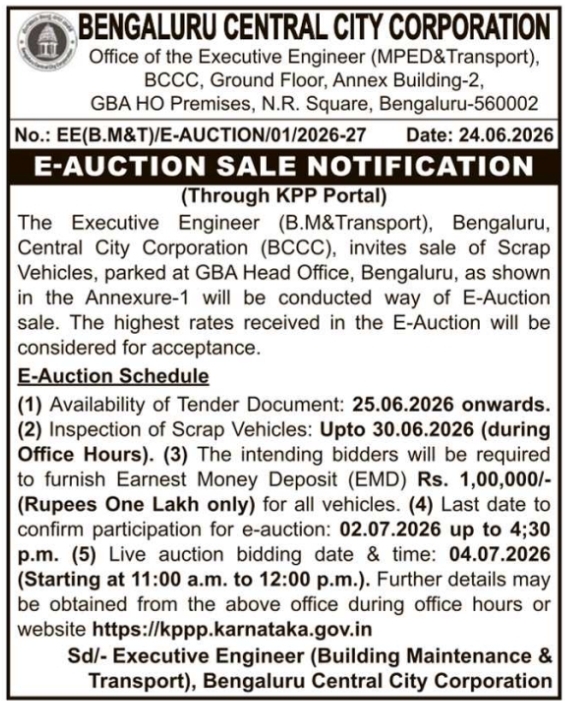 Auction Notice: Sale of Scrap Vehicles by Bengaluru Central City Corporation
