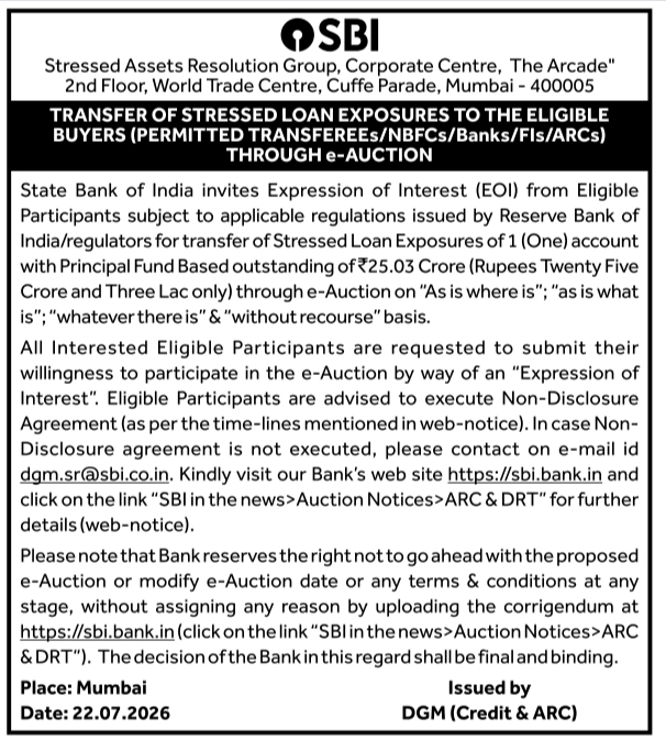 Auction Notice: SBI Stressed Loan Portfolio Transfer