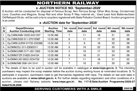 Auction Notice: Scrap Material Sale Northern Railway 2026