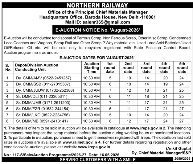 Auction Notice: Scrap Material Sale Northern Railway