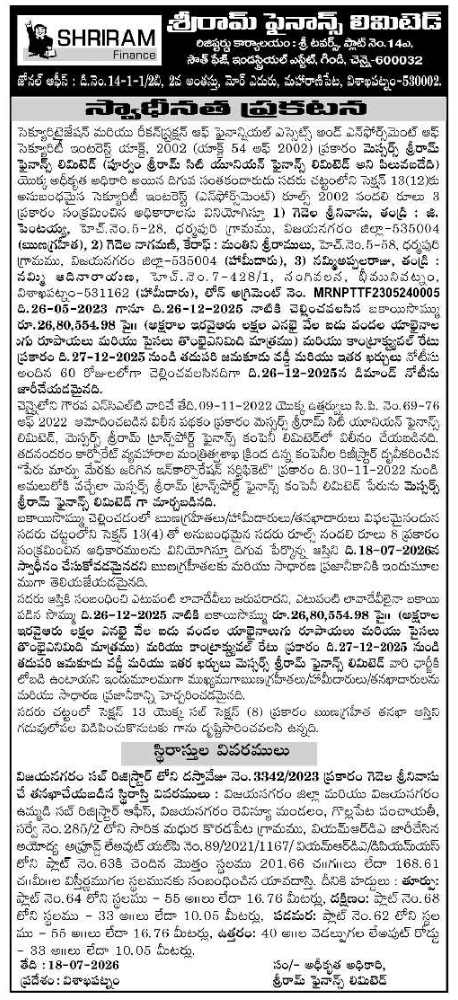 Auction Notice: Shriram Finance Property Disposal