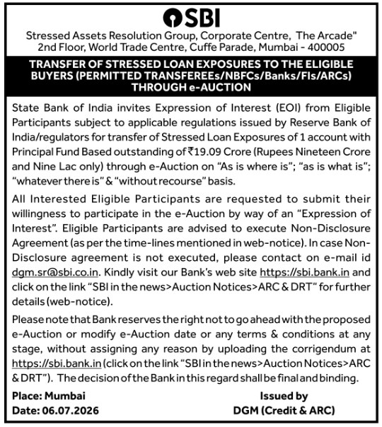 Auction Notice: Stressed Loan Transfer by SBI