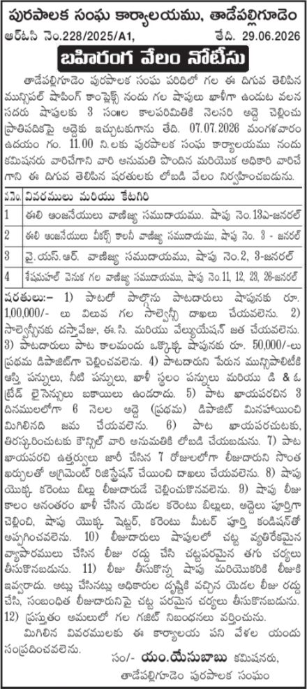 Auction Notice: Tadepalligudem Municipality Shop Leases