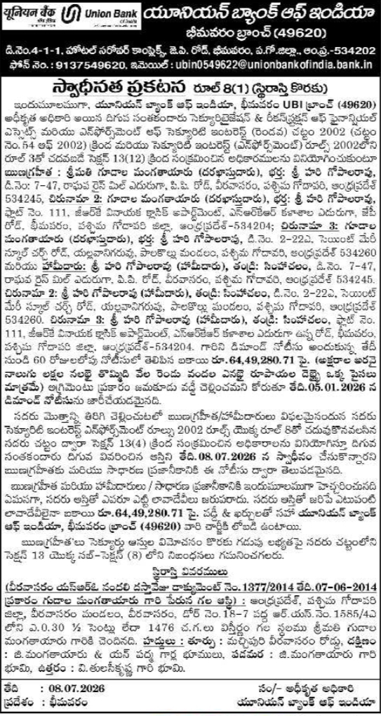 Auction Notice: Union Bank of India Property Possession