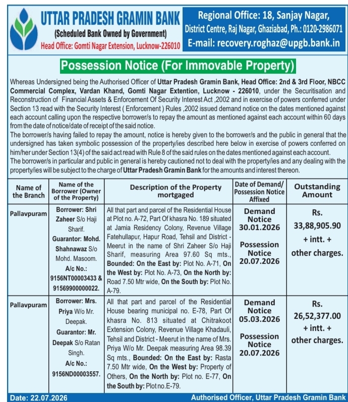 Auction Notice: Uttar Pradesh Gramin Bank Property Disposal