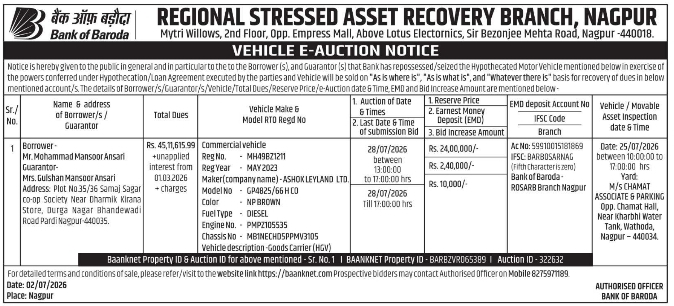 Auction Notice: Vehicle E-Auction by Bank of Baroda