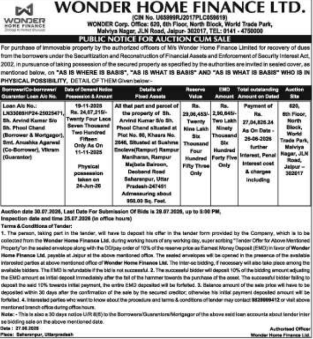 Auction Notice: Wonder Home Finance Immovable Property Sale