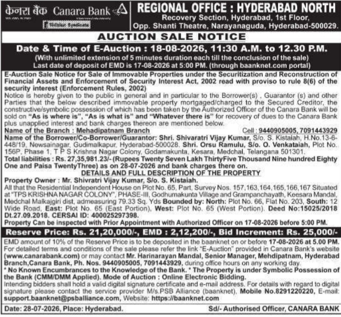 Auction Sale Notice by Canara Bank