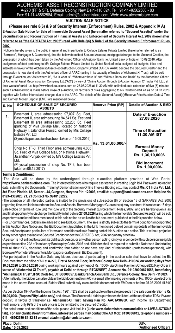 Auction Sale Notice for Immovable Commercial Assets by Alchemist ARC