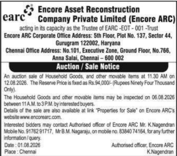 Auction Sale Notice for Movable Properties (Encore Asset Reconstruction Company)