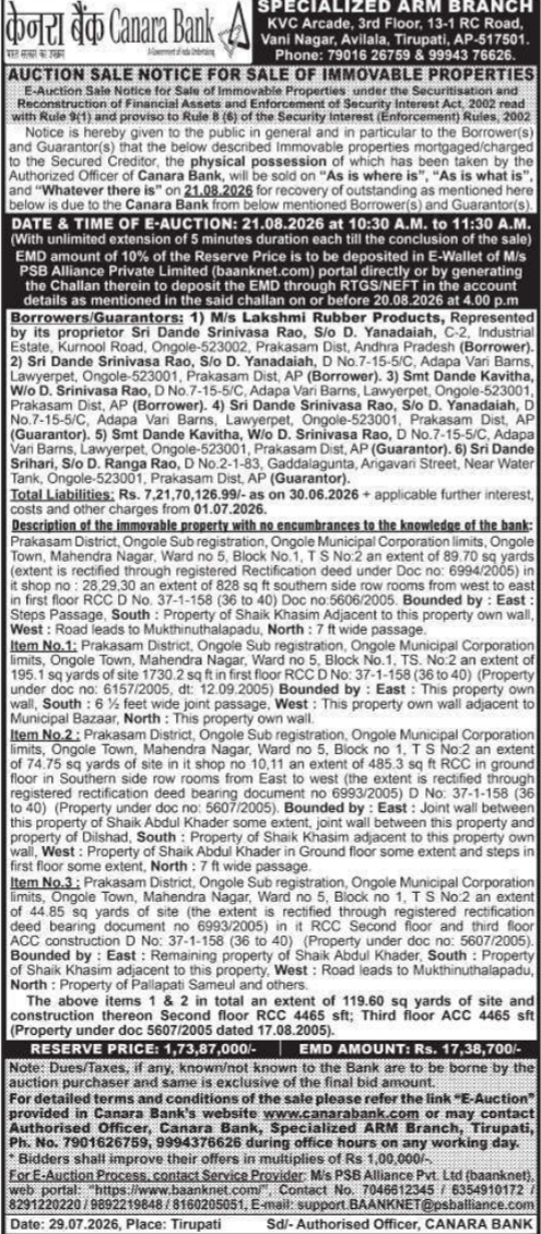 Auction Sale Notice for Sale of Immovable Properties by Canara Bank