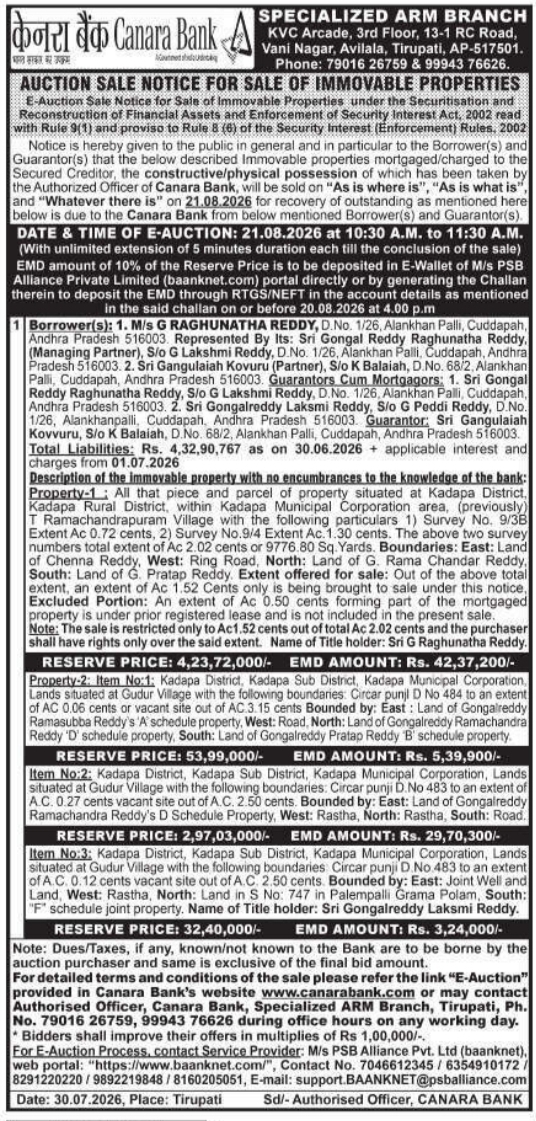 Auction Sale Notice for Sale of Immovable Properties by Canara Bank