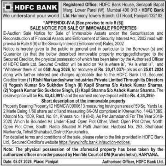 Auction Sale Notice: Immovable Property Foreclosure