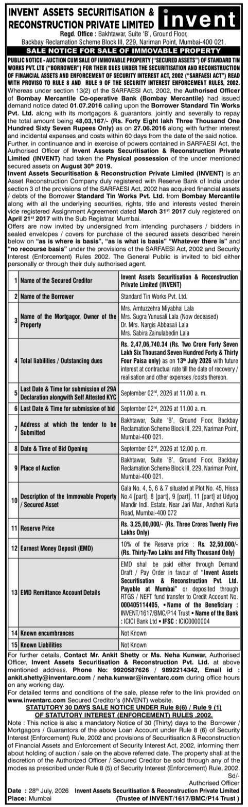 Auction Sale Notice of Immovable Property by Invent Assets