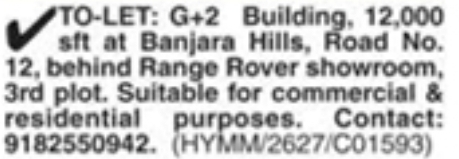 Banjara Hills: 12,000 Sft G+2 Commercial Building for Lease