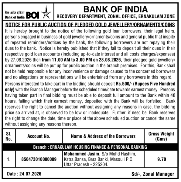 Bank of India Public Auction Notice for Pledged Gold