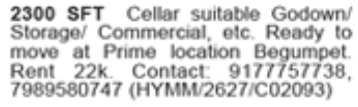 Begumpet 2300 SFT Cellar For Rent