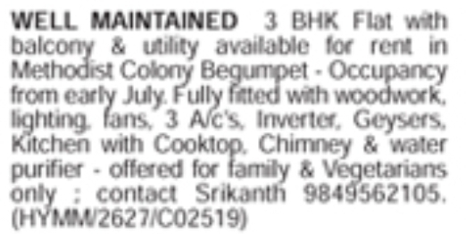 Begumpet 3BHK Flat For Rent